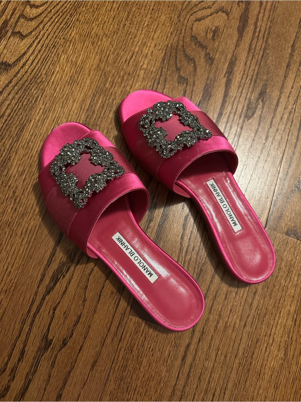 Manolo Blahnik Hot Pink Satin Crystal-Buckle Slide Mules